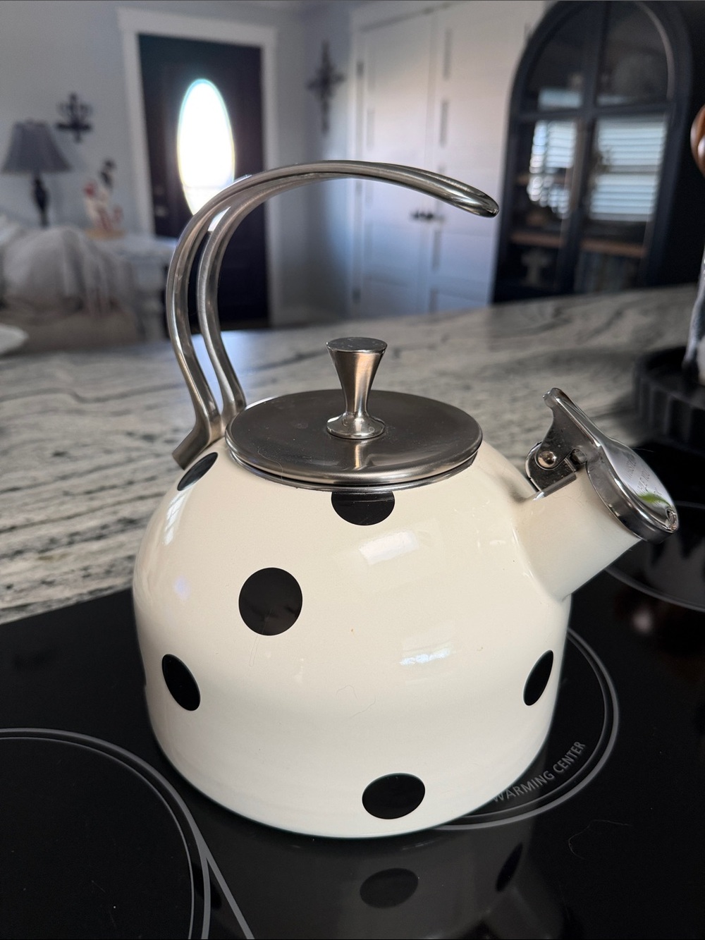 kate spade White and Black Polka Dot Whistling Tea Kettle